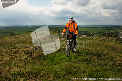 Image of Young man cycling on a rural road through green meadow