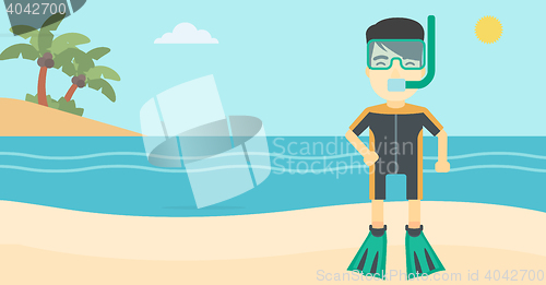 Image of Male scuba diver on the beach vector illustration.