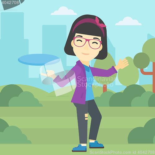 Image of Woman playing flying disc vector illustration.