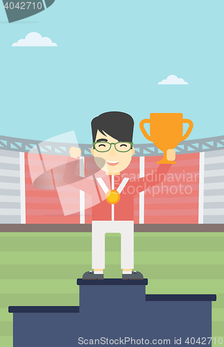 Image of Sportsman celebrating on the winners podium.