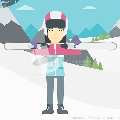 Image of Woman holding skis vector illustration.