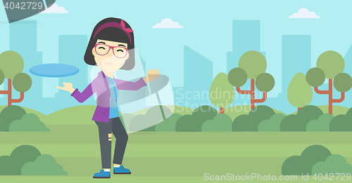 Image of Woman playing flying disc vector illustration.