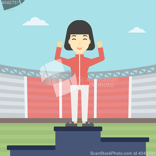 Image of Sportswoman celebrating on the winners podium.