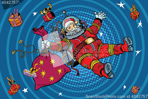 Image of Space Santa Claus in zero gravity with Christmas gifts