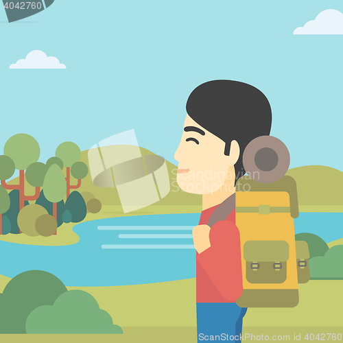 Image of Man with backpack hiking vector illustration.