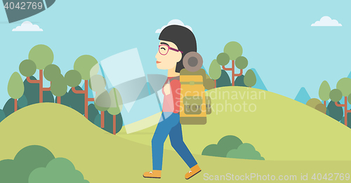Image of Woman with backpack hiking vector illustration.