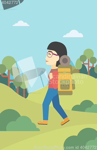 Image of Woman with backpack hiking vector illustration.