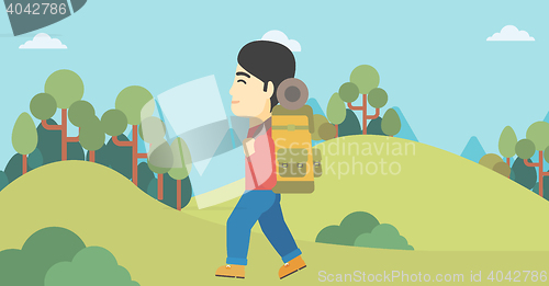 Image of Man with backpack hiking vector illustration.