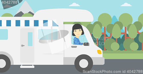 Image of Woman driving motor home vector illustration.