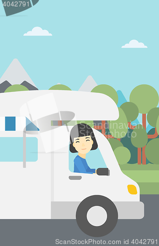Image of Woman driving motor home vector illustration.