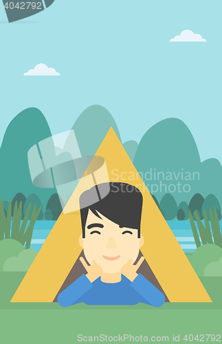 Image of Man lying in camping tent vector illustration.