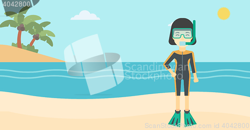 Image of Female scuba diver on beach vector illustration.