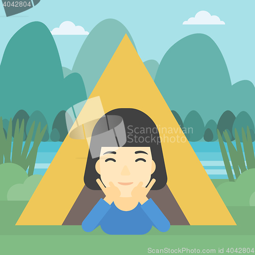 Image of Woman lying in camping tent vector illustration.