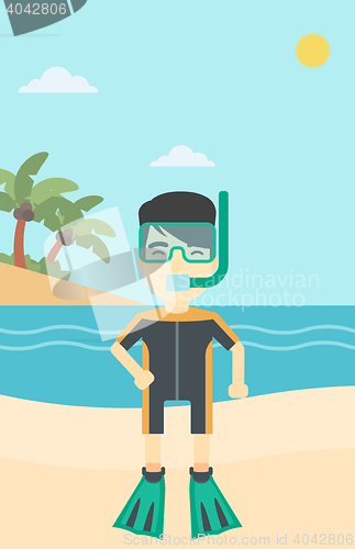 Image of Male scuba diver on the beach vector illustration.