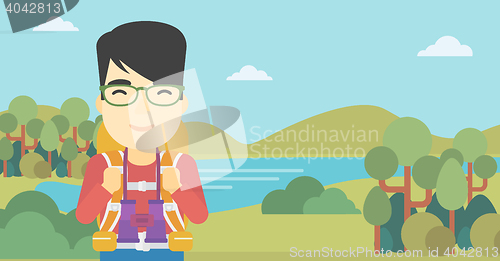 Image of Cheerful traveler with backpack.