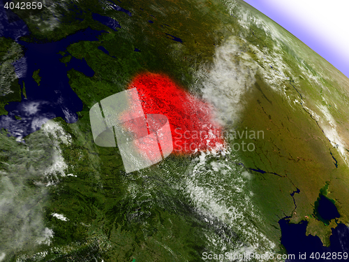 Image of Belarus from space highlighted in red