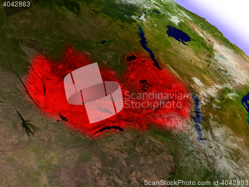 Image of Zambia from space highlighted in red