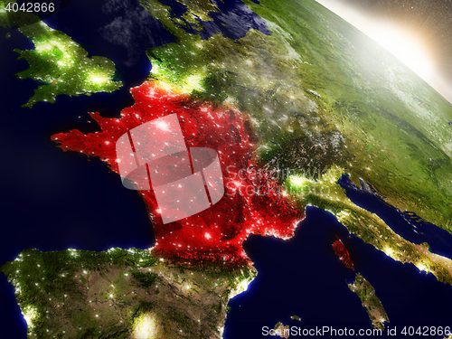 Image of France from space highlighted in red