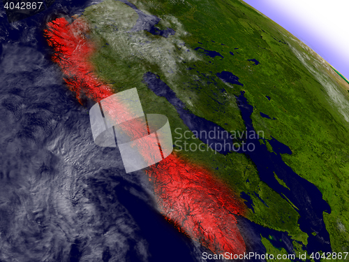 Image of Norway from space highlighted in red