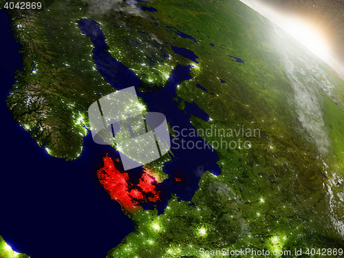 Image of Denmark from space highlighted in red