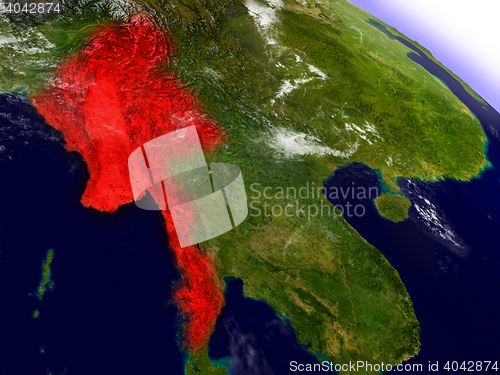 Image of Myanmar from space highlighted in red