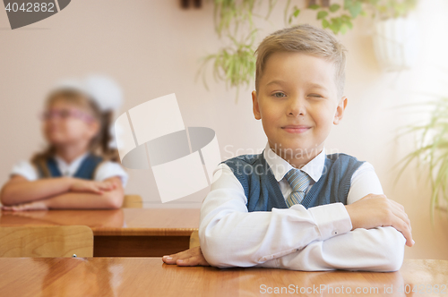 Image of Happy schoolboy sitting at desk
