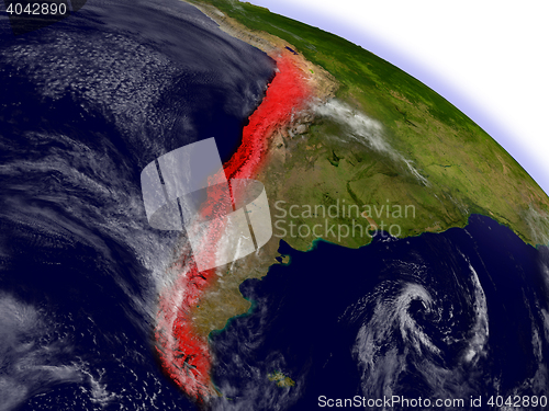 Image of Chile from space highlighted in red