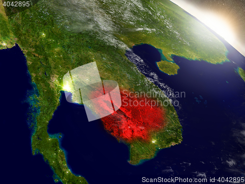 Image of Cambodia from space highlighted in red