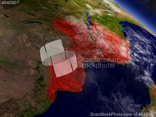 Image of Mozambique from space highlighted in red