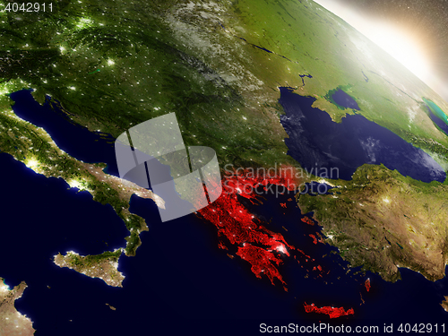 Image of Greece from space highlighted in red