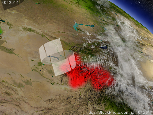 Image of Tajikistan from space highlighted in red
