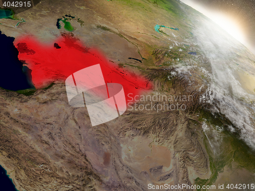 Image of Turkmenistan from space highlighted in red