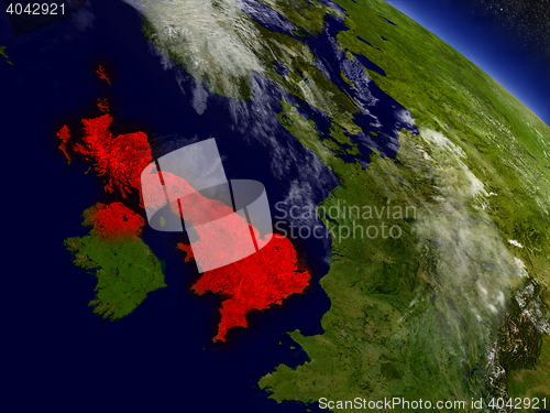 Image of United Kingdom from space highlighted in red