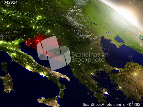 Image of Croatia from space highlighted in red