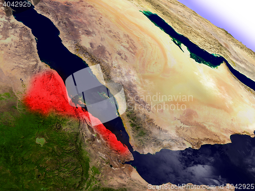 Image of Eritrea from space highlighted in red