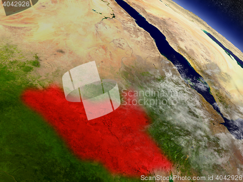 Image of South Sudan from space highlighted in red