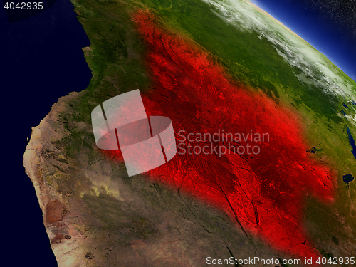 Image of Angola from space highlighted in red