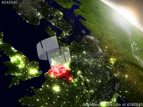 Image of Belgium from space highlighted in red