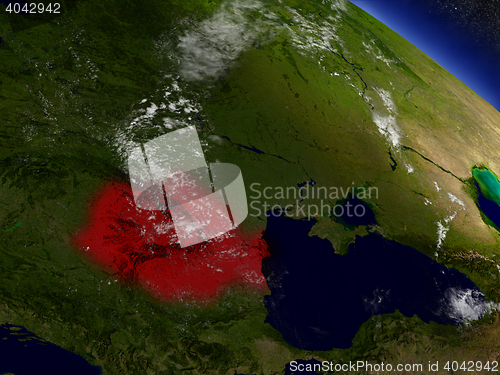 Image of Romania from space highlighted in red