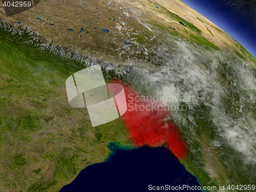 Image of Bangladesh from space highlighted in red