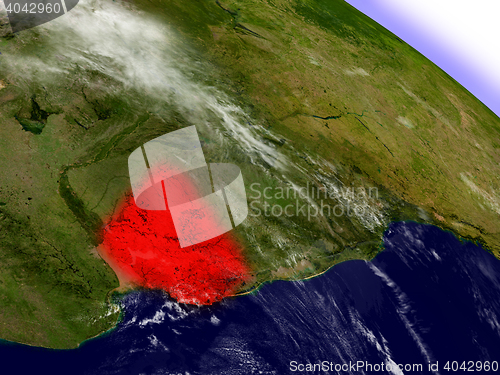 Image of Uruguay from space highlighted in red