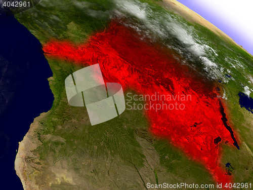 Image of Democratic Republic of Congo from space highlighted in red