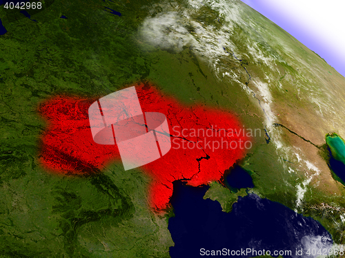 Image of Ukraine from space highlighted in red