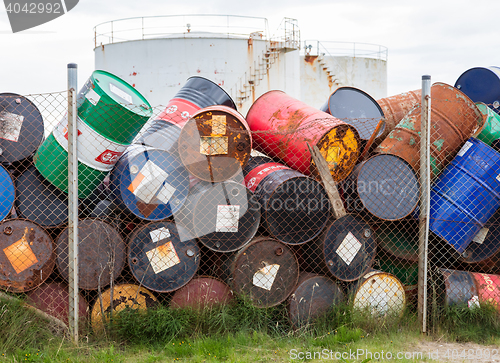Image of AKRANES, ICELAND - AUGUST 1, 2016: Oil barrels or chemical drums