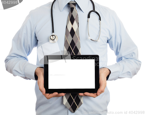 Image of Doctor holding tablet with copy space and clipping path for the 