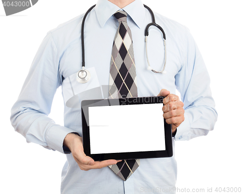 Image of Doctor holding tablet with copy space and clipping path for the 