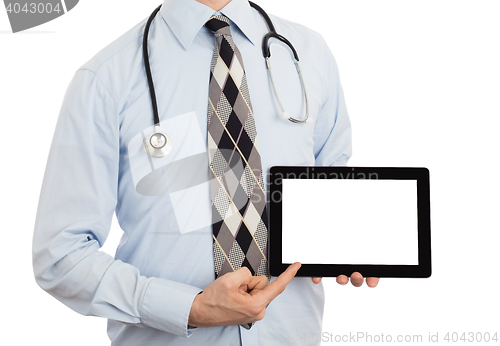 Image of Doctor holding tablet with copy space and clipping path for the 