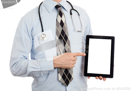 Image of Doctor holding tablet with copy space and clipping path for the 