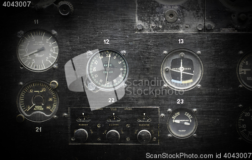 Image of Different meters and displays in an old plane