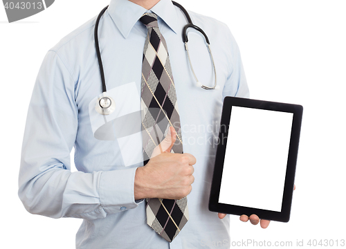 Image of Doctor holding tablet with copy space and clipping path for the 